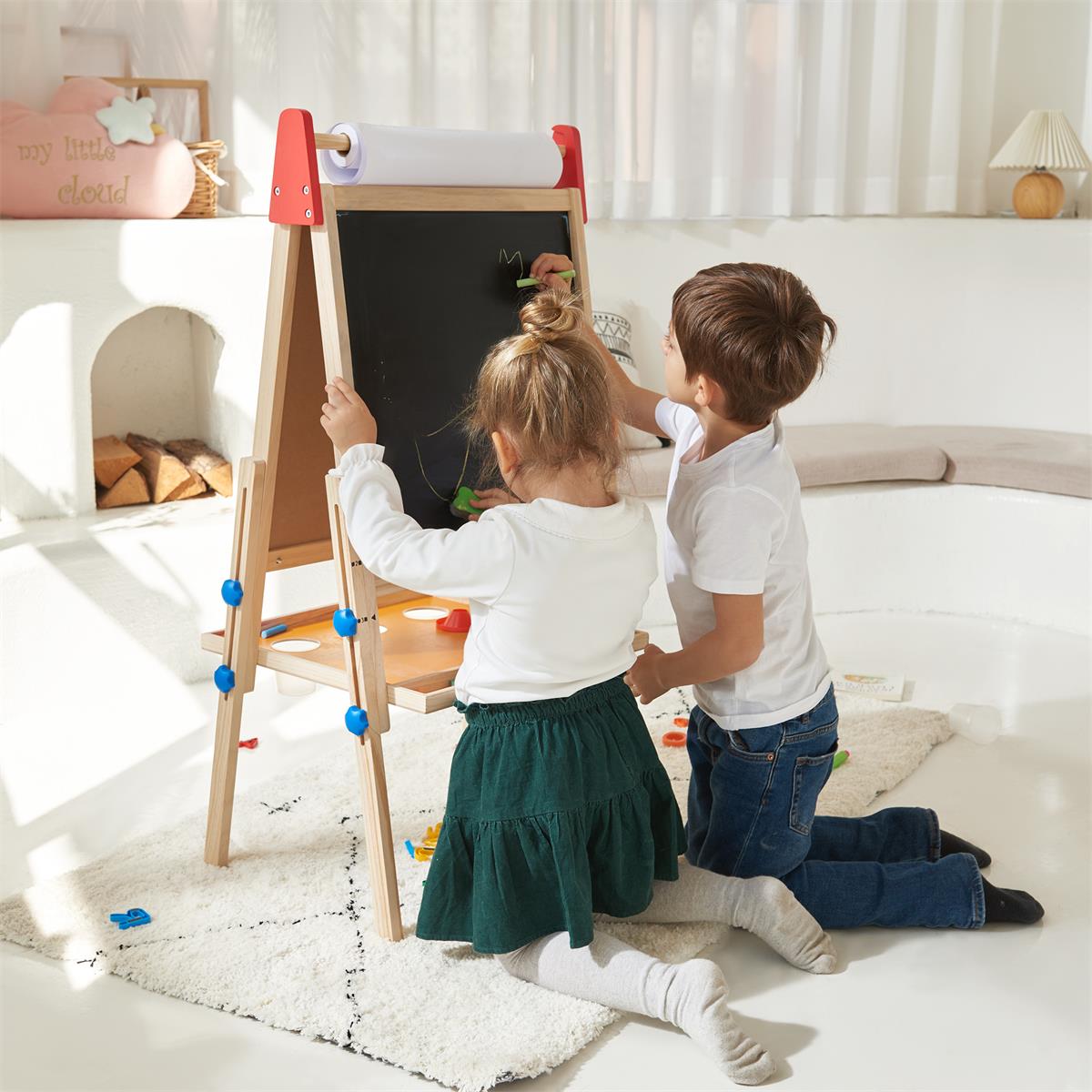 Tiny Land 3-in-1 Art Easel & Paper Roll Set two kids drawing on wood-framed easel with paper roll on Tampa Home & Garden Store