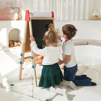 Tiny Land 3-in-1 Art Easel & Paper Roll Set two kids drawing on wood-framed easel with paper roll on Tampa Home & Garden Store