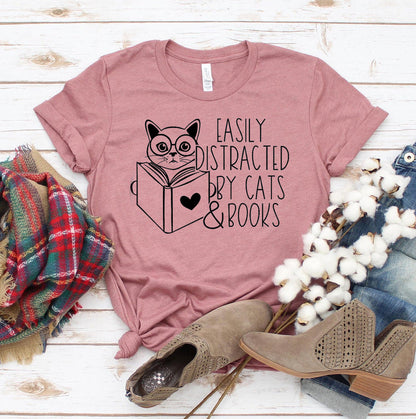 Easily Distracted By Cats & Books T-Shirt - Tampa Home & Garden Store