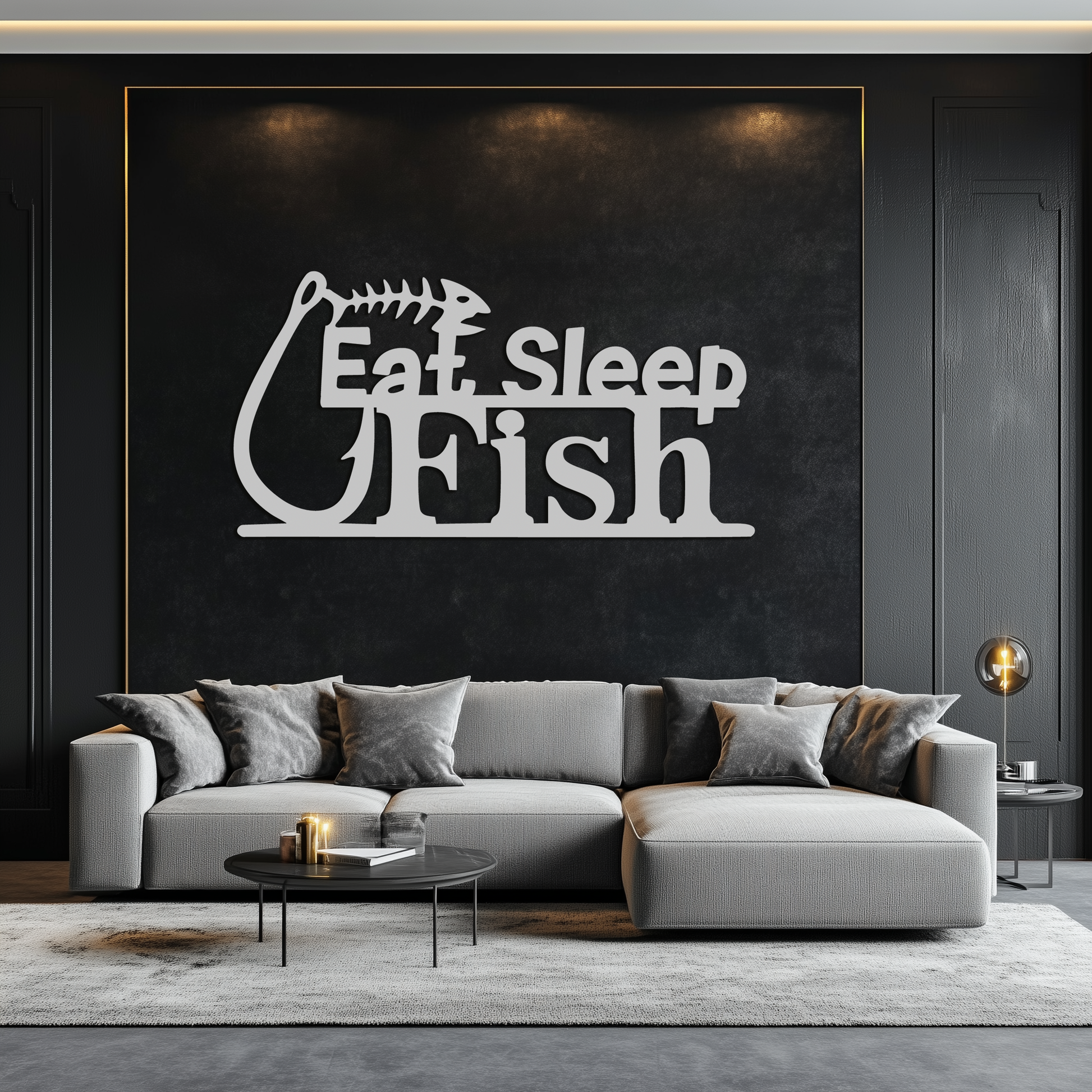 "Eat, Sleep, Fish" Metal Wall Art – Fishing Enthusiast Design with Hook and Phrase- KAF670 - Tampa Home & Garden Store