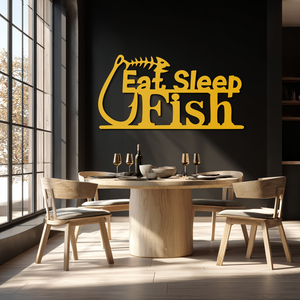 "Eat, Sleep, Fish" Metal Wall Art – Fishing Enthusiast Design with Hook and Phrase- KAF670 - Tampa Home & Garden Store