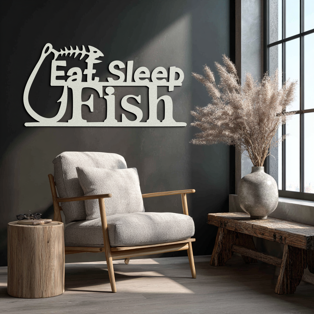 "Eat, Sleep, Fish" Metal Wall Art – Fishing Enthusiast Design with Hook and Phrase- KAF670 - Tampa Home & Garden Store