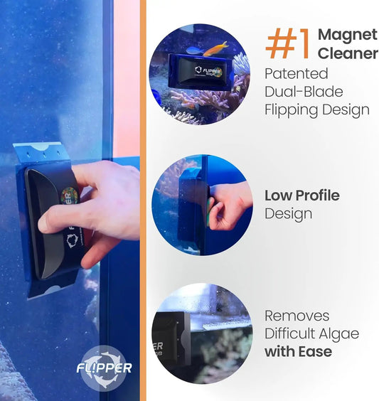 Flipper Edge 2-in-1 Magnetic Aquarium Cleaner on glass with dual blades on Tampa Home & Garden Store