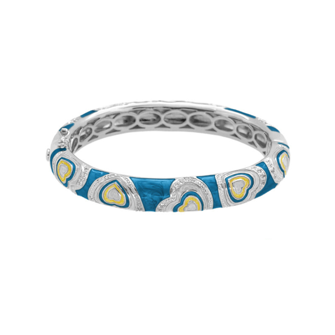 Retro Hearts Bangle by Lauren G Adams, hinged bracelet with blue enamel hearts on Tampa Home & Garden Store