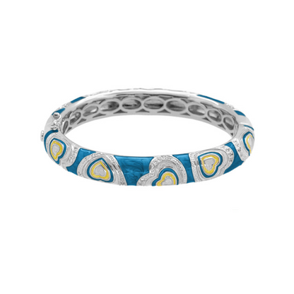 Retro Hearts Bangle by Lauren G Adams, hinged bracelet with blue enamel hearts on Tampa Home & Garden Store