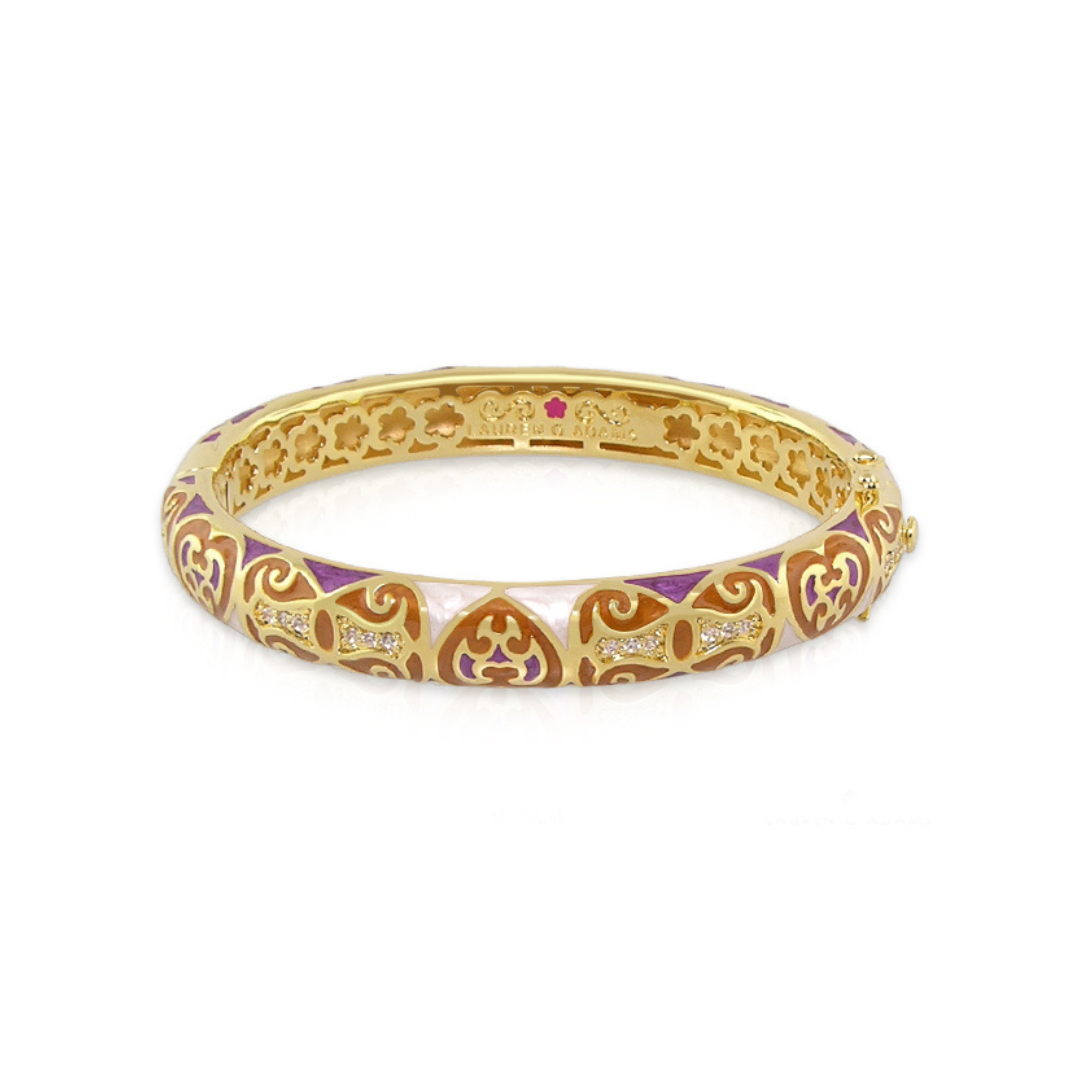 Bows and Hearts Bangle in gold-tone with purple enamel hearts and bows, diamond accents on Tampa Home & Garden Store
