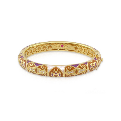 Bows and Hearts Bangle in gold-tone with purple enamel hearts and bows, diamond accents on Tampa Home & Garden Store