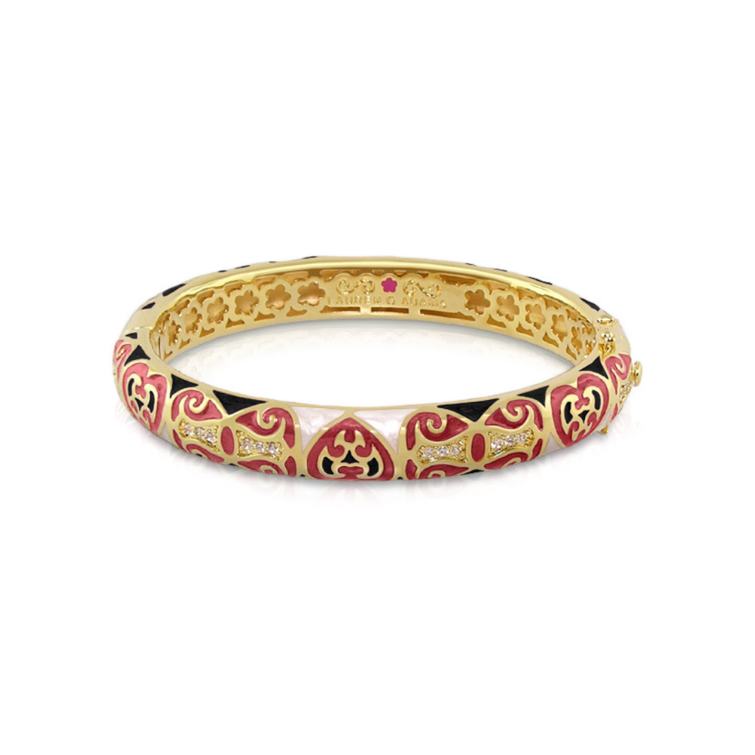 Bows and Hearts Bangle by Lauren G Adams, gold tone stackable bracelet with red enamel bows on Tampa Home & Garden Store