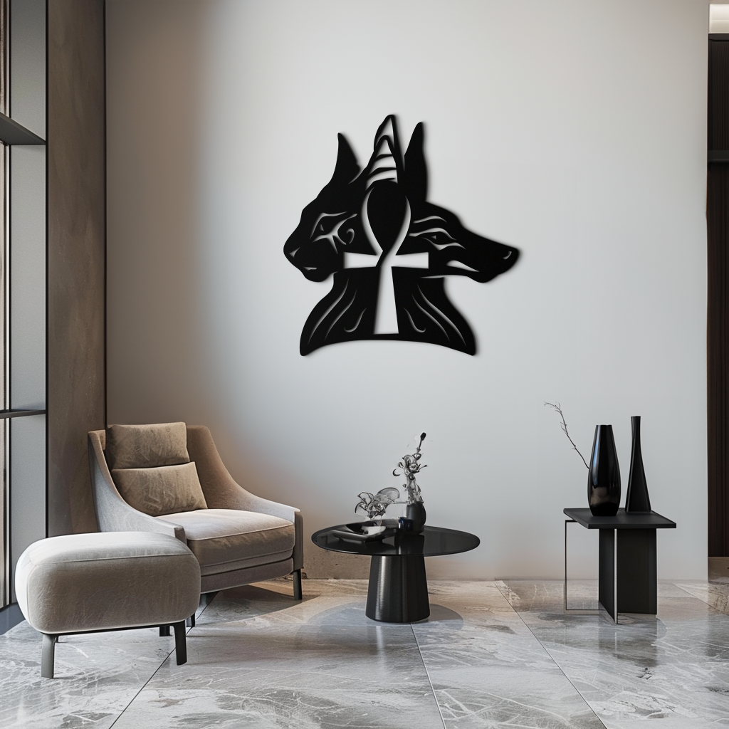 Egyptian Cat and Jackal Metal Wall Art – Ankh Cross Black Wall Decor- KAF558 - Tampa Home & Garden Store