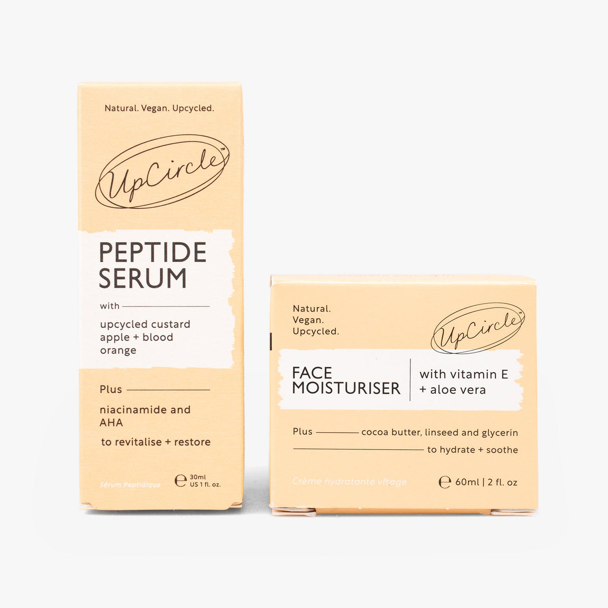 Elasticity Boosting Duo: UpCircle peptide serum and face moisturiser in natural peach packaging on Tampa Home & Garden Store