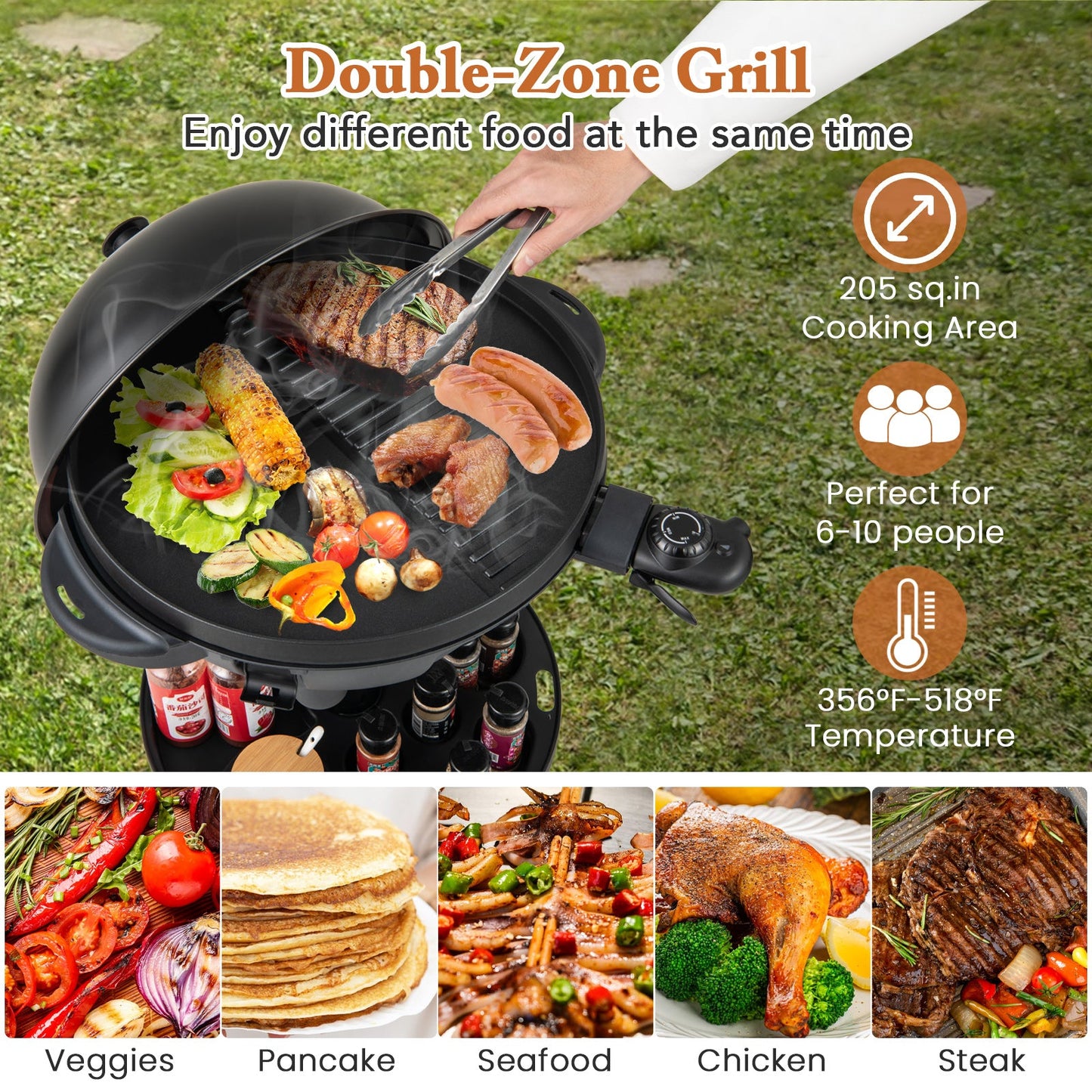 Parrilla eléctrica para barbacoa de 1200 W, para interior y exterior, con placa antiadherente de 2 zonas, color negro
