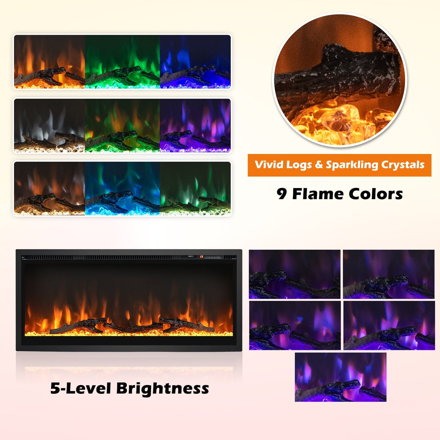 Chimenea eléctrica empotrada en la pared con control remoto y color y brillo ajustables - 36 pulgadas