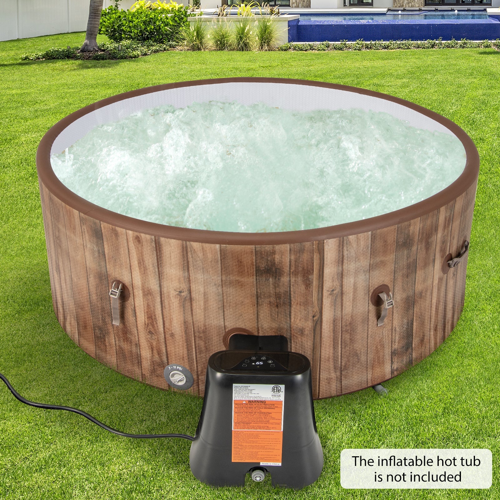 1350W DirectDeals pool heater pump with touch panel and LED display, black unit beside wood tub on Tampa Home & Garden Store