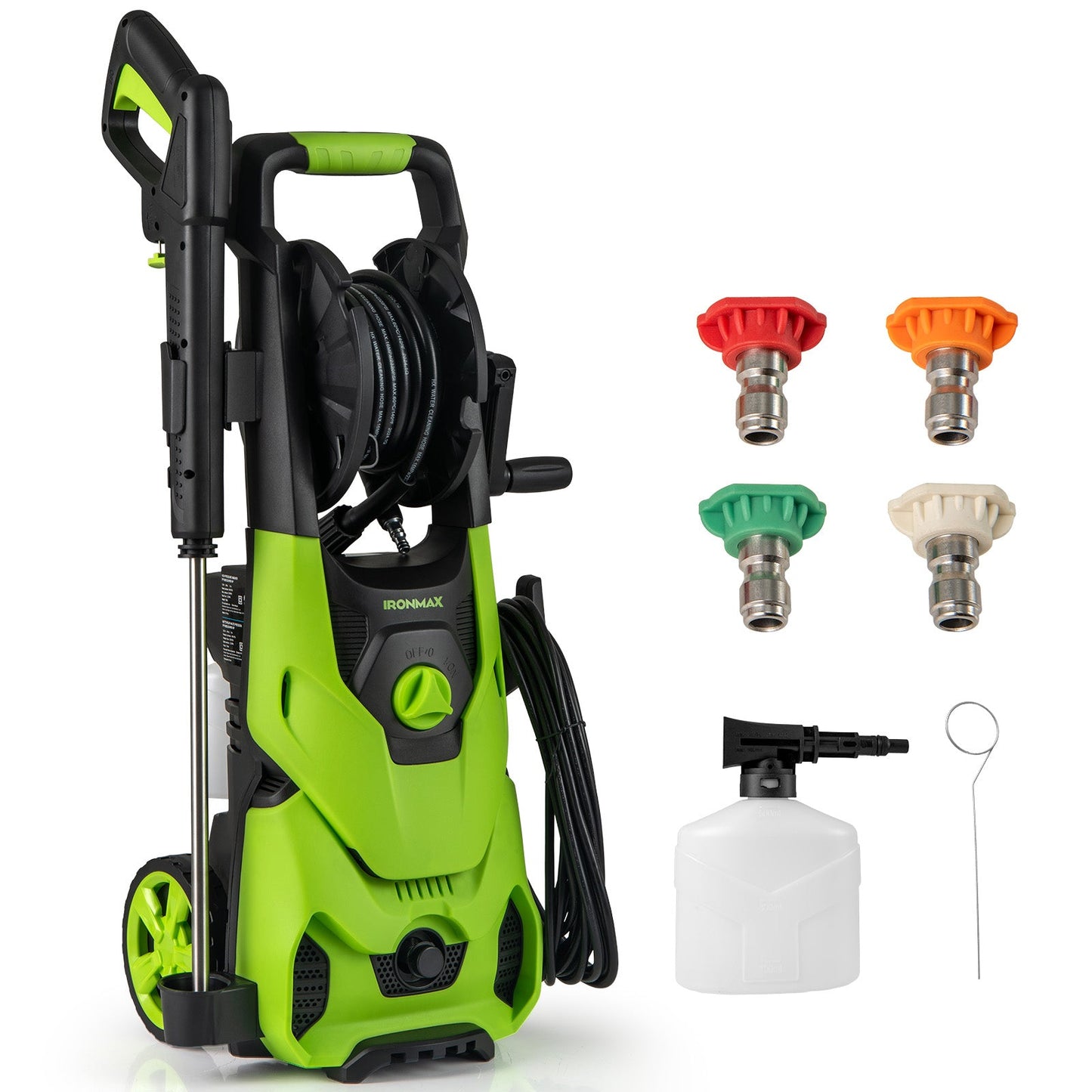 Hidrolavadora eléctrica de 2150PSI 1.2GPM con 4 boquillas de conexión rápida y cañón de espuma - Verde