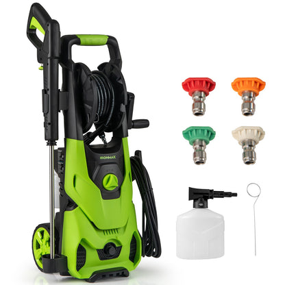 Hidrolavadora eléctrica de 2150PSI 1.2GPM con 4 boquillas de conexión rápida y cañón de espuma - Verde