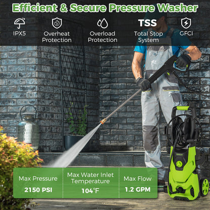 Hidrolavadora eléctrica de 2150PSI 1.2GPM con 4 boquillas de conexión rápida y cañón de espuma - Verde