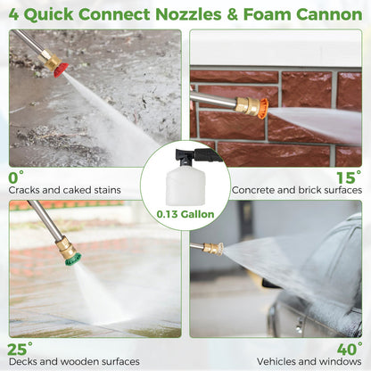 Hidrolavadora eléctrica de 2150PSI 1.2GPM con 4 boquillas de conexión rápida y cañón de espuma - Verde