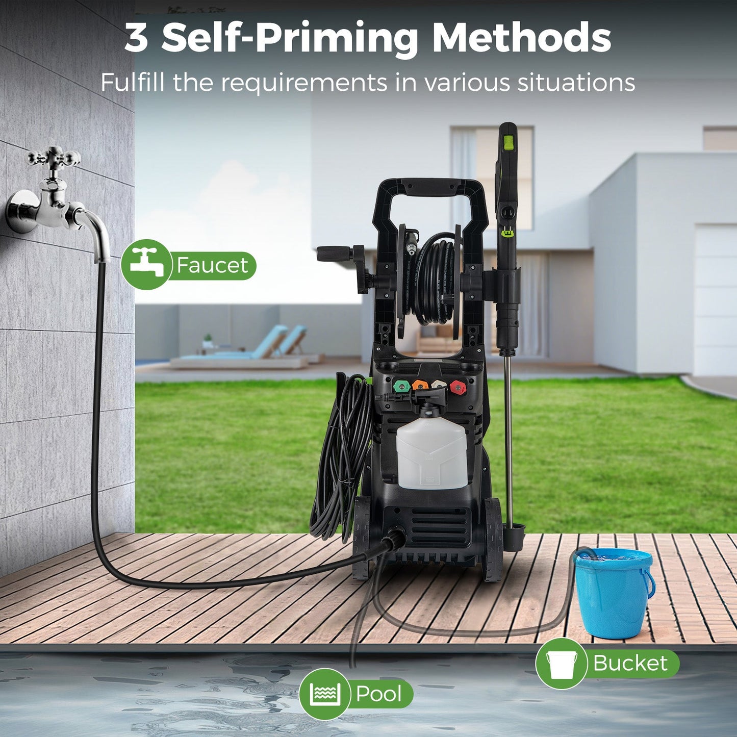 Hidrolavadora eléctrica de 2150PSI 1.2GPM con 4 boquillas de conexión rápida y cañón de espuma - Verde