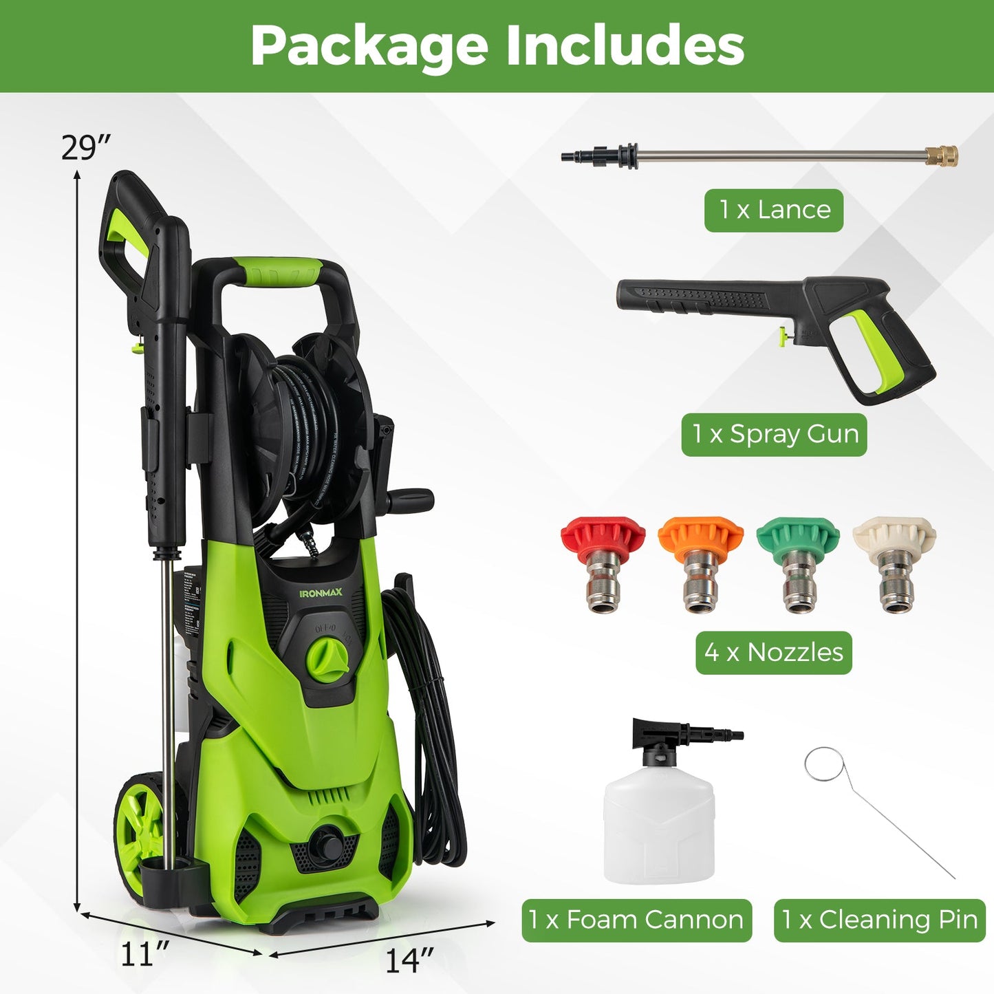 Hidrolavadora eléctrica de 2150PSI 1.2GPM con 4 boquillas de conexión rápida y cañón de espuma - Verde