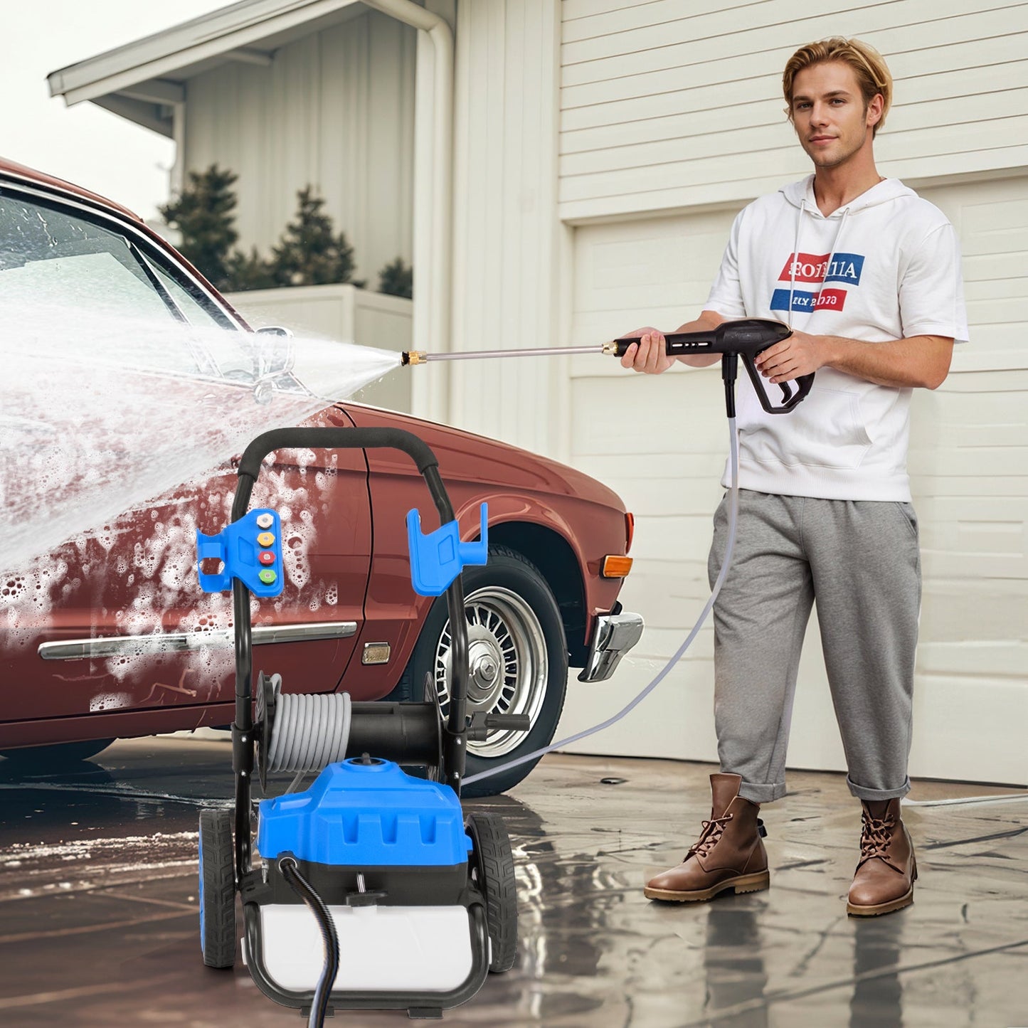 Hidrolavadora eléctrica de 2300 PSI y 1.8 GPM con ruedas y 5 boquillas de conexión rápida - Azul