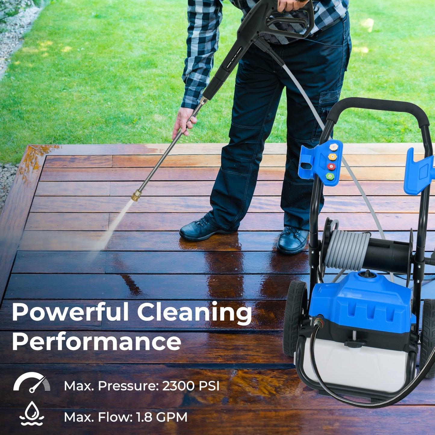 Hidrolavadora eléctrica de 2300 PSI y 1.8 GPM con ruedas y 5 boquillas de conexión rápida - Azul