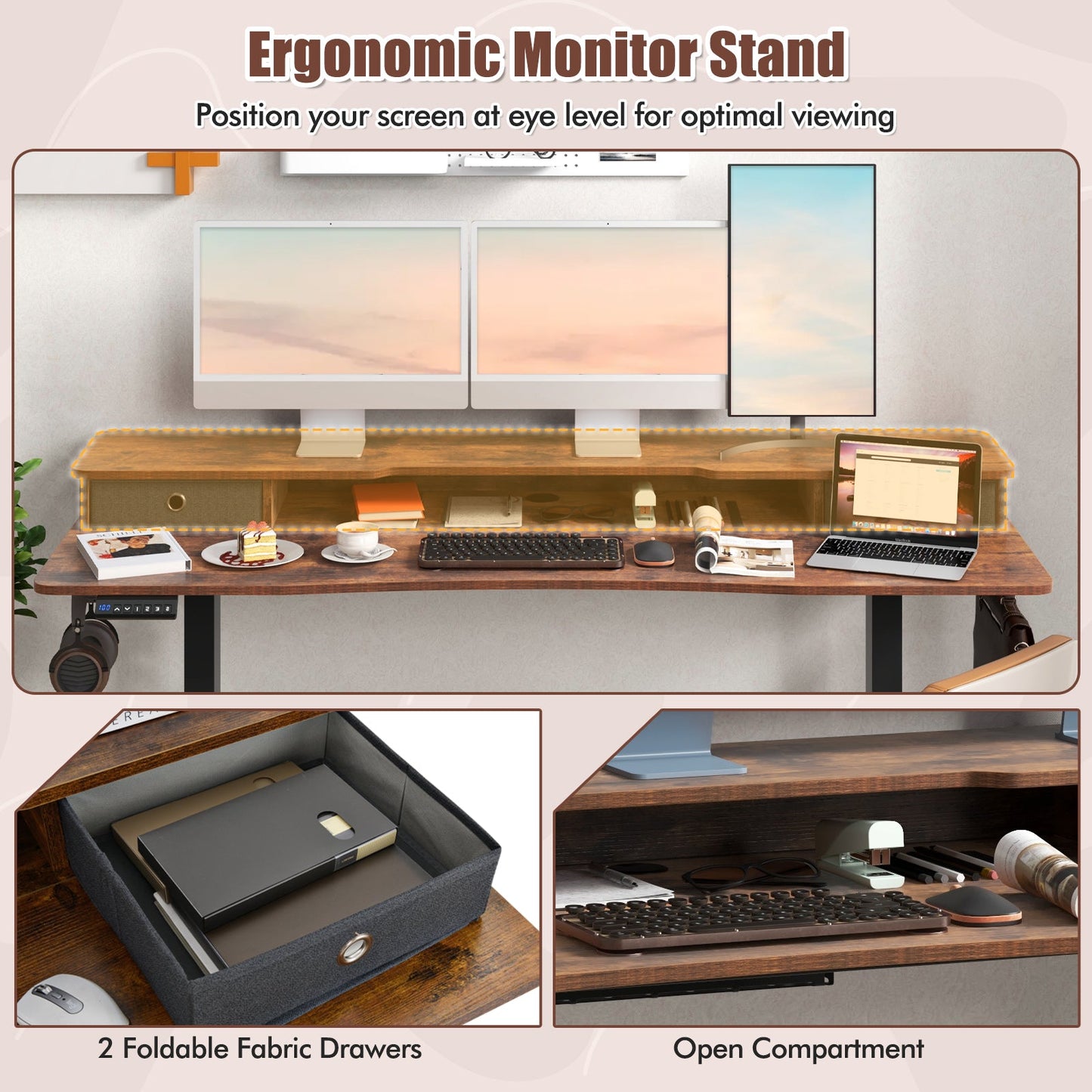 63 Inch x 24 Inch Electric Standing Desk with 2 Drawers-Rustic Brown