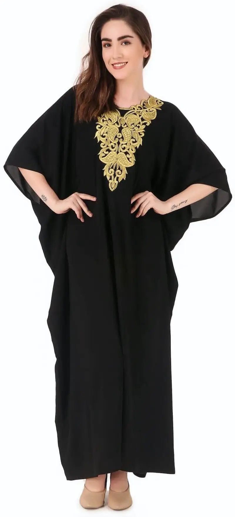 Elegant Gold Embroidered Kaftan with Cutwork Neckline - Tampa Home & Garden Store