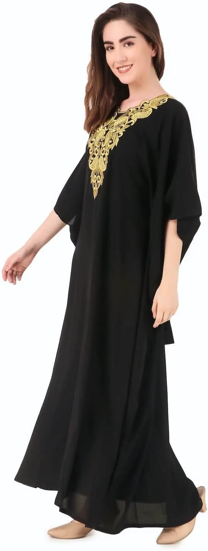 Elegant Gold Embroidered Kaftan with Cutwork Neckline - Tampa Home & Garden Store
