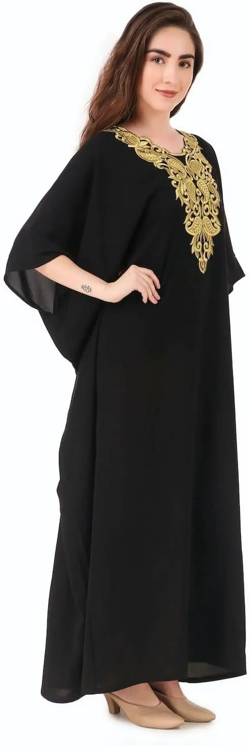 Elegant Gold Embroidered Kaftan with Cutwork Neckline - Tampa Home & Garden Store
