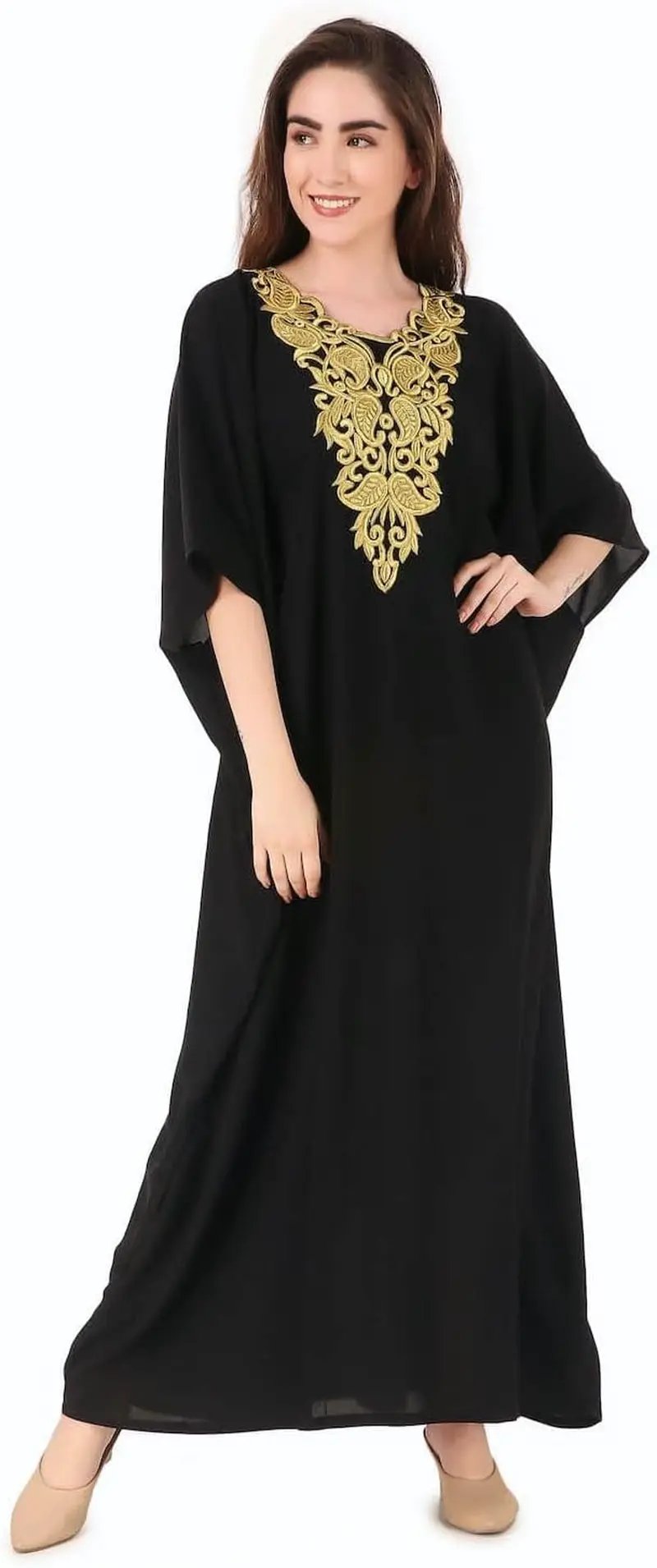 Elegant Gold Embroidered Kaftan with Cutwork Neckline - Tampa Home & Garden Store