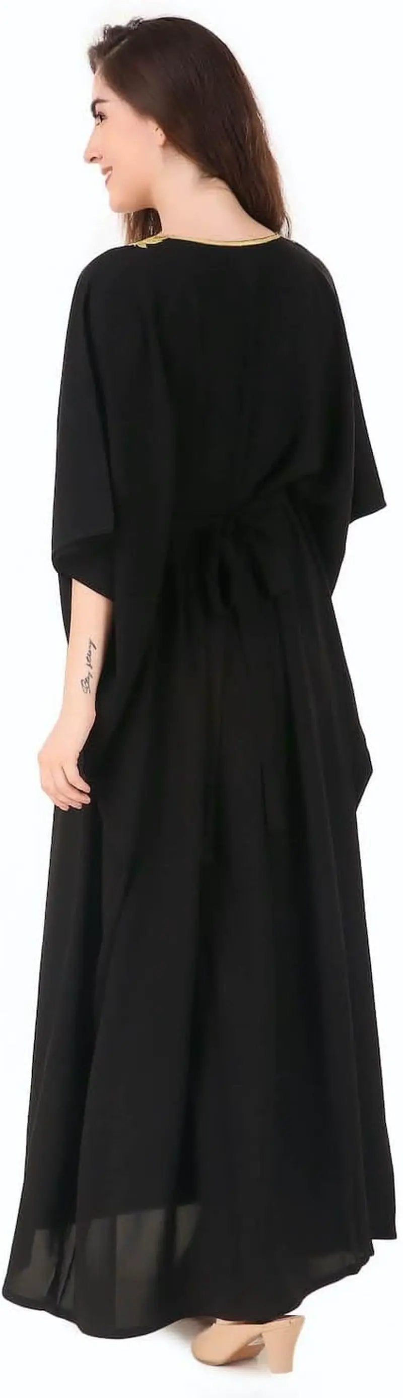 Elegant Gold Embroidered Kaftan with Cutwork Neckline - Tampa Home & Garden Store