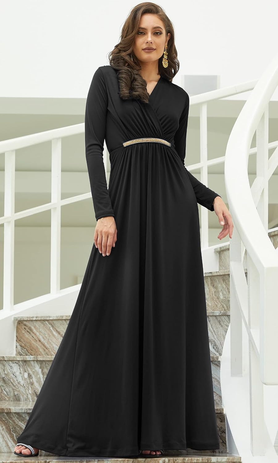 Elegant Long Sleeve Pleated Maxi Dress – Adjustable Fit, Maternity Friendly - Tampa Home & Garden Store