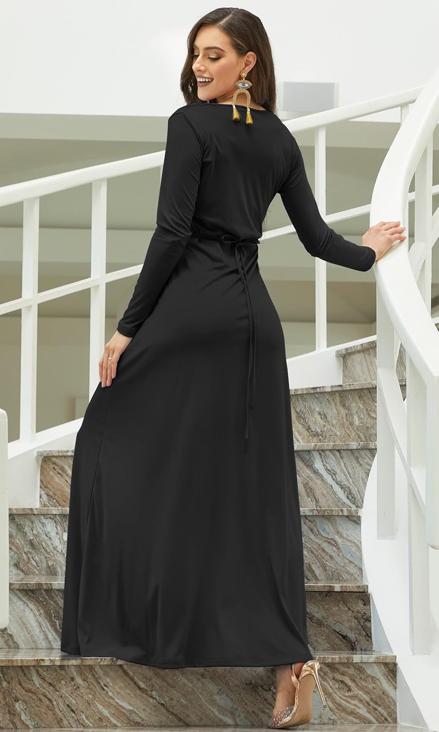 Elegant Long Sleeve Pleated Maxi Dress – Adjustable Fit, Maternity Friendly - Tampa Home & Garden Store