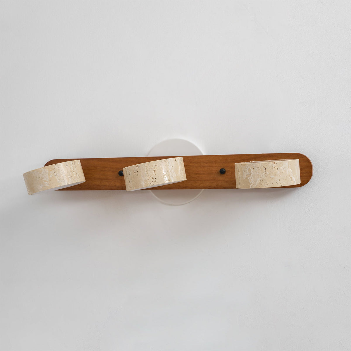 Travertine wall sconce with three shades, dimmable LED and wood backboard Moktan Sabai on Tampa Home & Garden Store