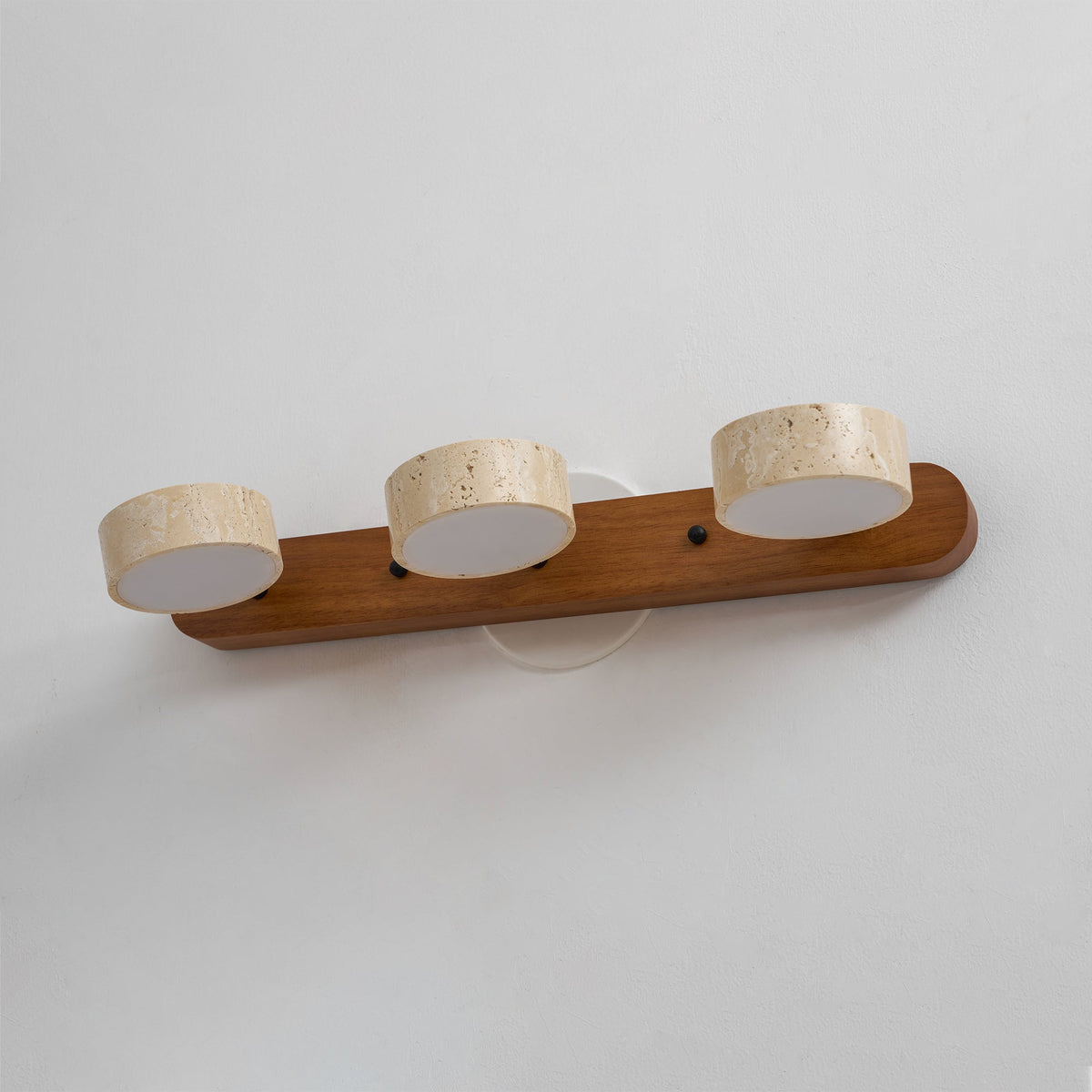 Travertine wall sconce with dimmable LED by Moktan Sabai, wood base 4-light fixture on Tampa Home & Garden Store