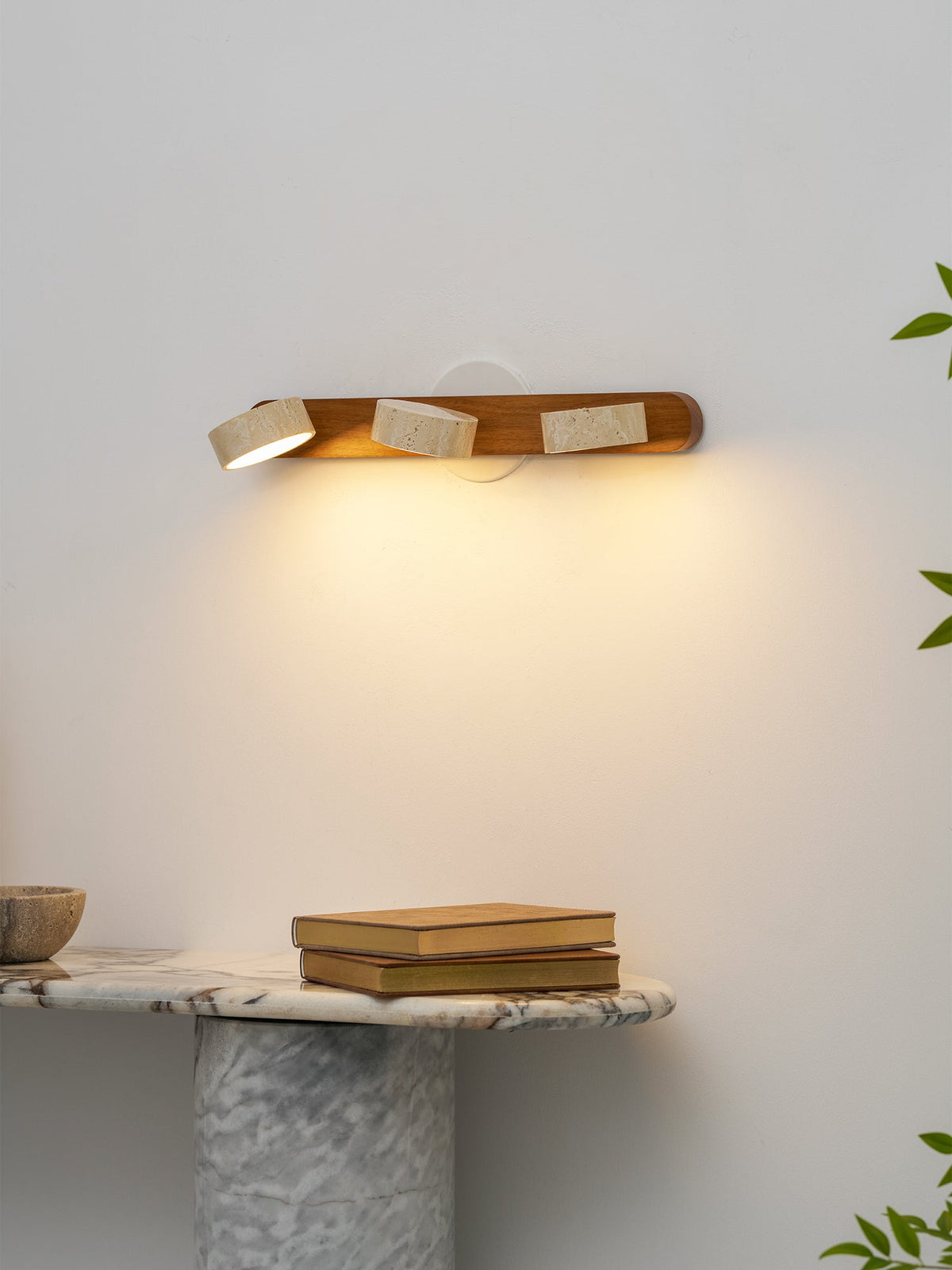 Travertine stone wall sconce with dimmable LED and natural wood bar, 3 heads on Tampa Home & Garden Store
