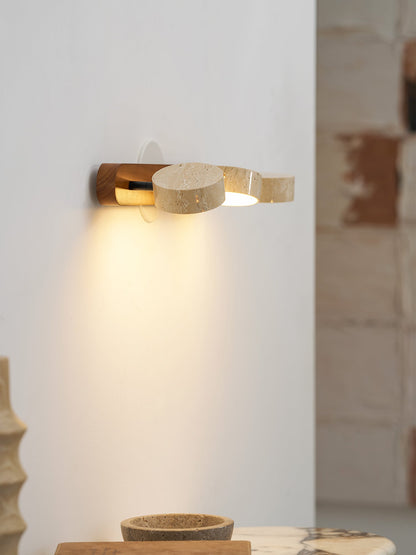 Travertine Stone Wall Sconce by Moktan Sabai, dimmable LED, natural wood accent, warm glow on Tampa Home & Garden Store