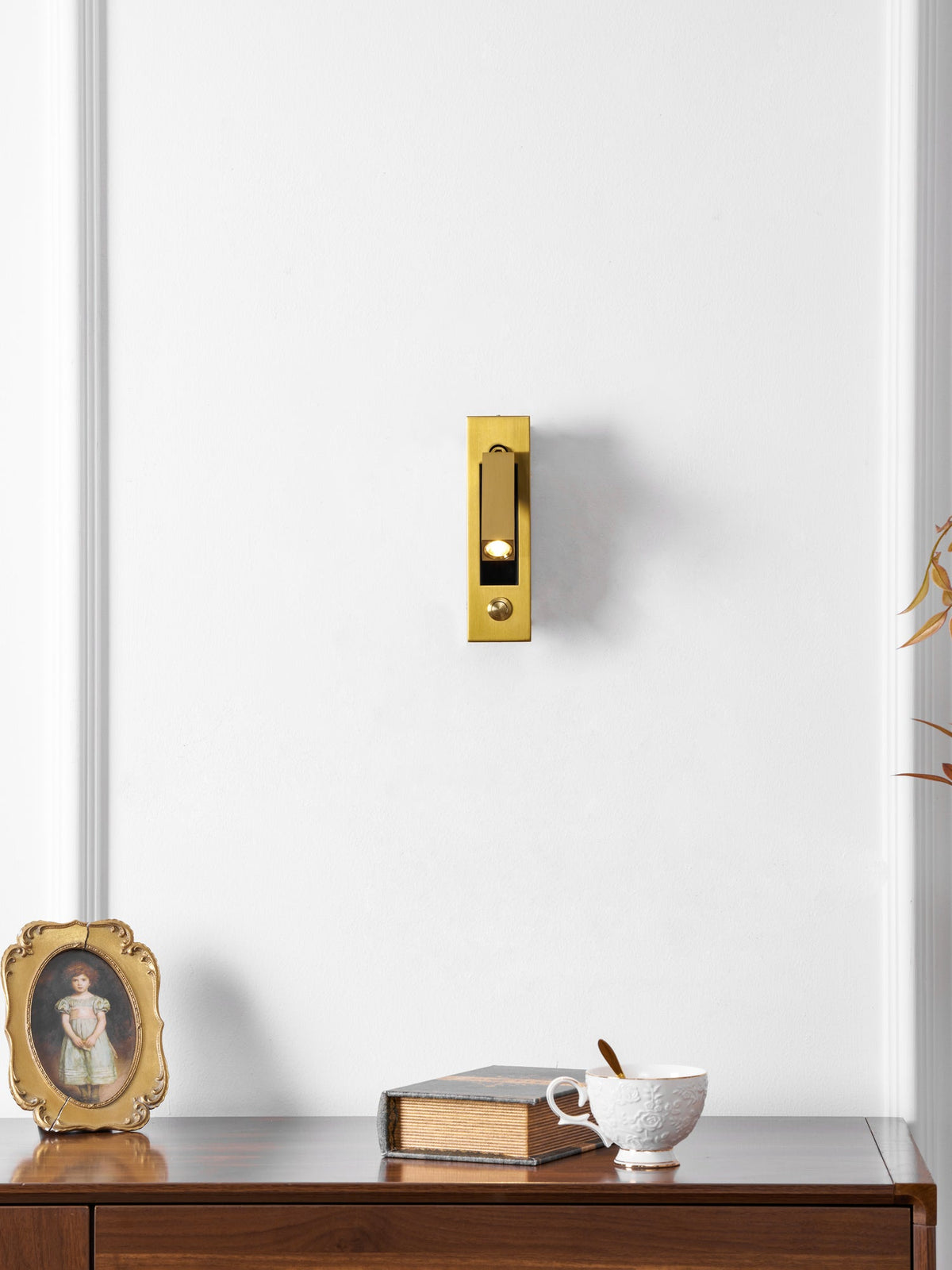 Recessed folding bedside wall sconce in brass gold with warm LED Moktan Sabai wall light on Tampa Home & Garden Store