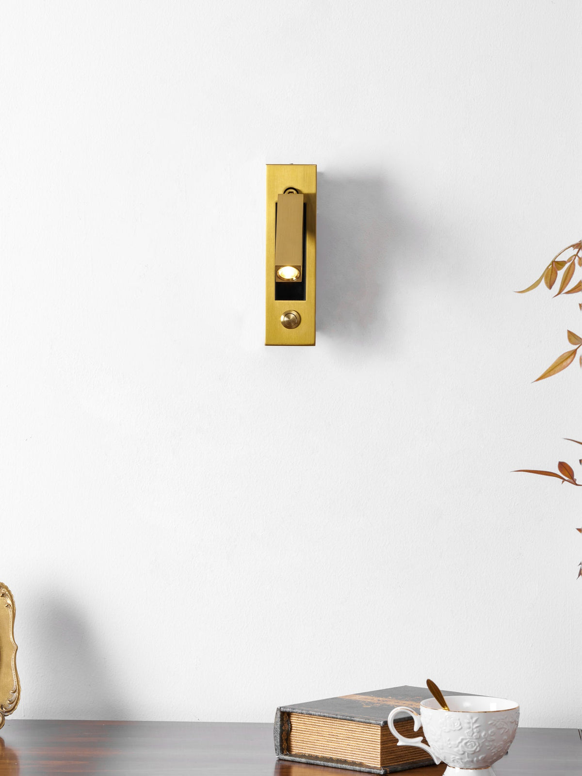 Bedside wall sconce Moktan Sabai brass recessed folding with warm LED reading light on Tampa Home & Garden Store