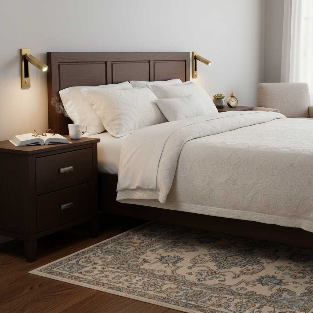 Recessed folding bedside wall sconce with warm LED, brass finish, pair by a dark wood bed on Tampa Home & Garden Store