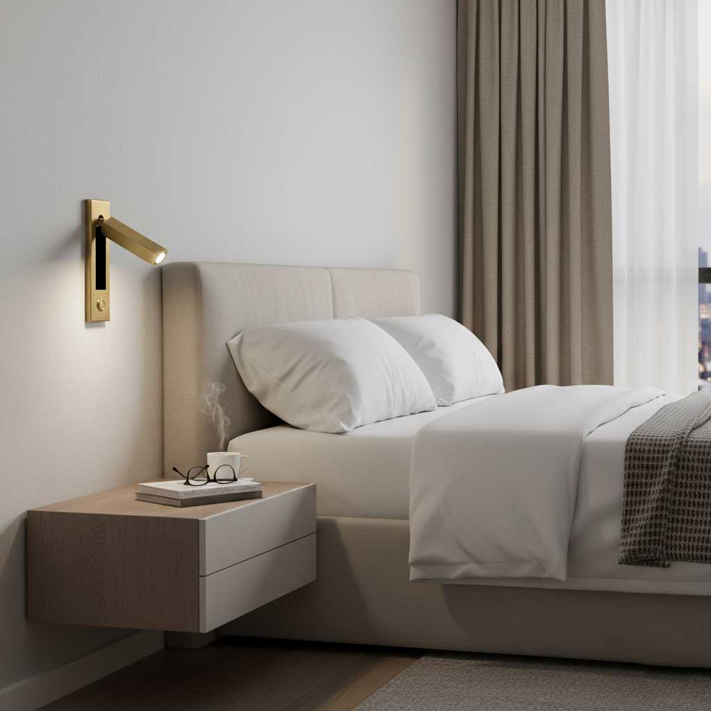 Recessed folding bedside wall sconce with warm LED in brass finish for flush reading light on Tampa Home & Garden Store