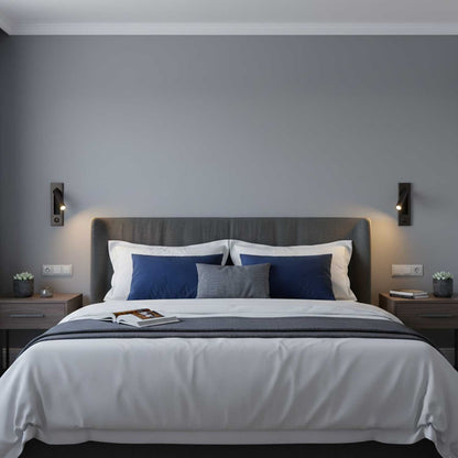 Recessed Folding Bedside Wall Sconce with Warm LED, black backplates, two flush reading lights beside bed on Tampa Home & Garden Store