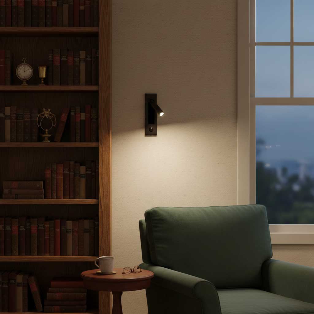 Moktan Sabai recessed folding bedside sconce with warm LED, flush reading light by green chair on Tampa Home & Garden Store