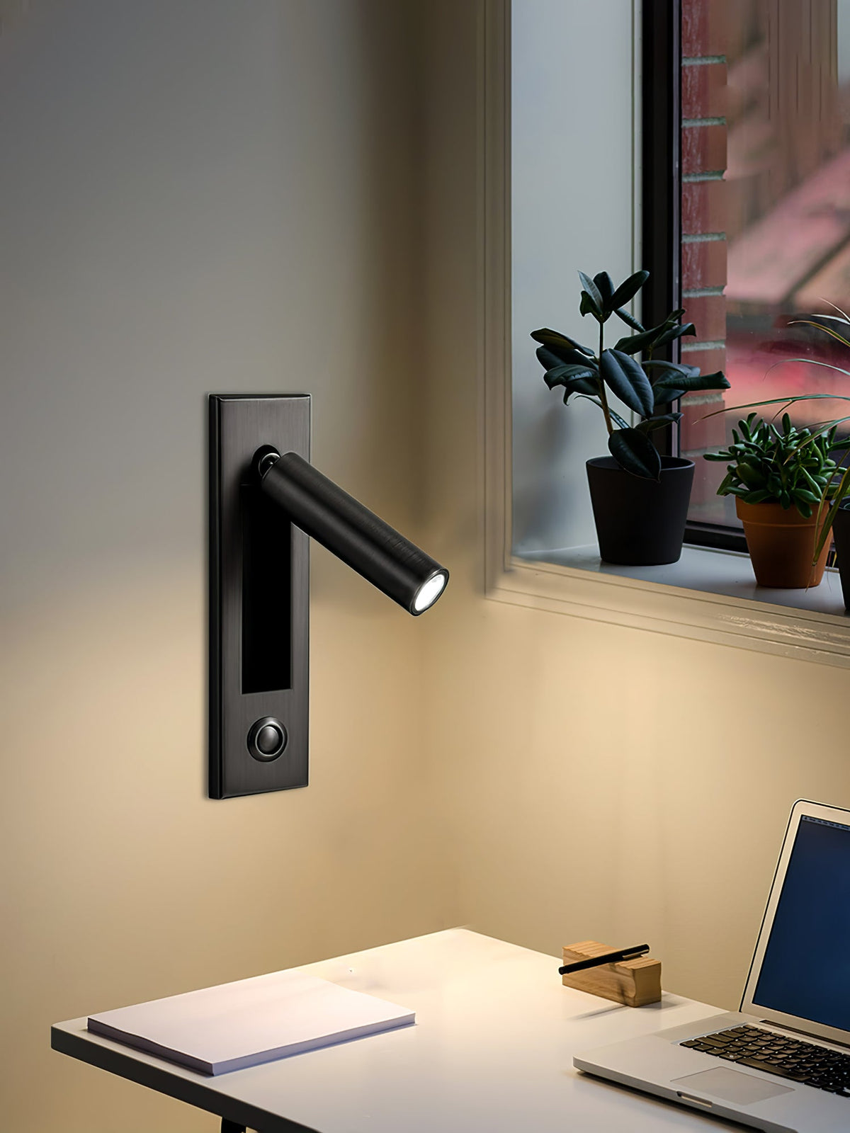 Moktan Sabai recessed folding bedside wall sconce with warm LED, black plate on Tampa Home & Garden Store