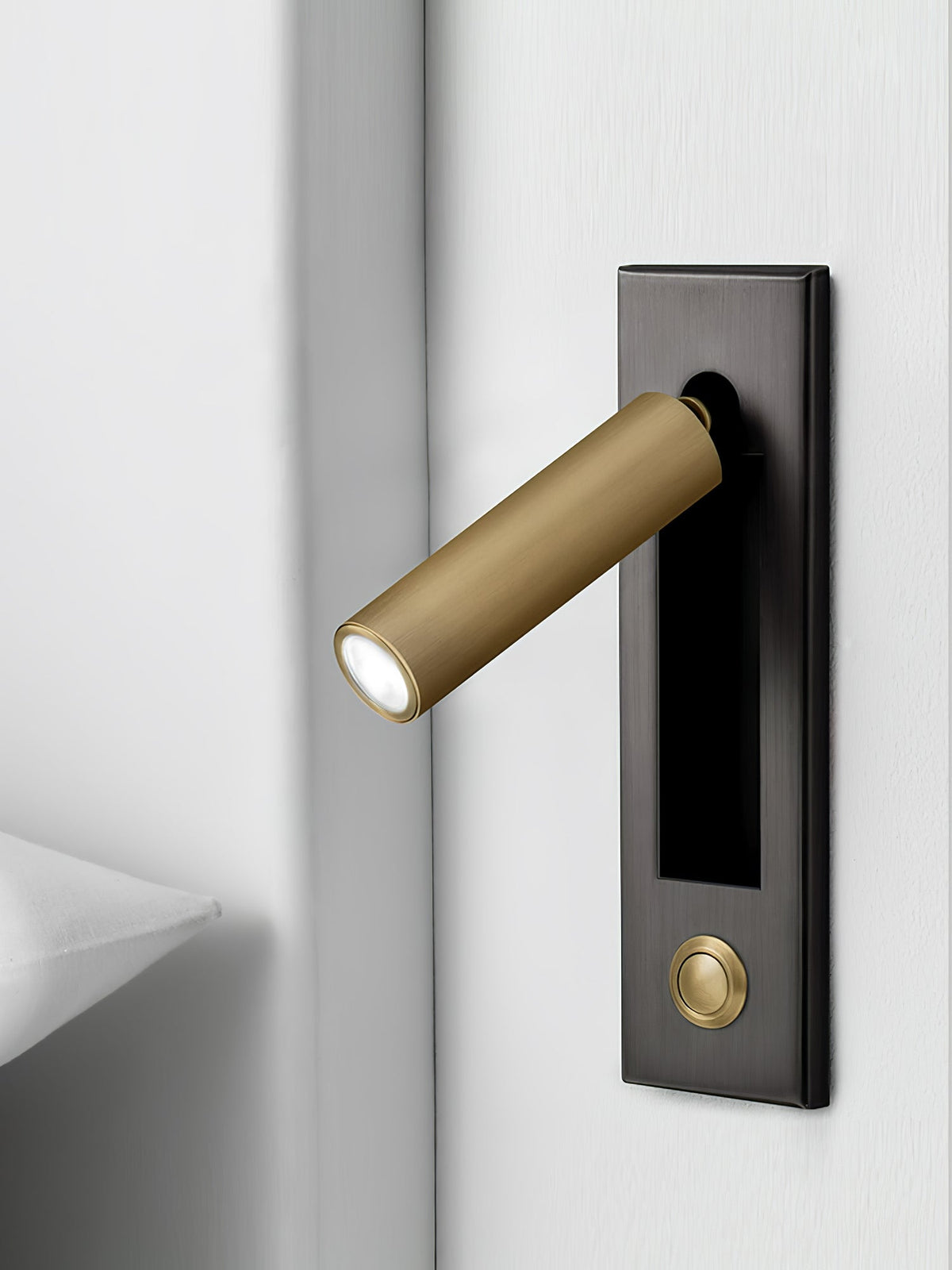 Recessed folding bedside wall sconce with warm brass LED light by Moktan Sabai on metal plate on Tampa Home & Garden Store