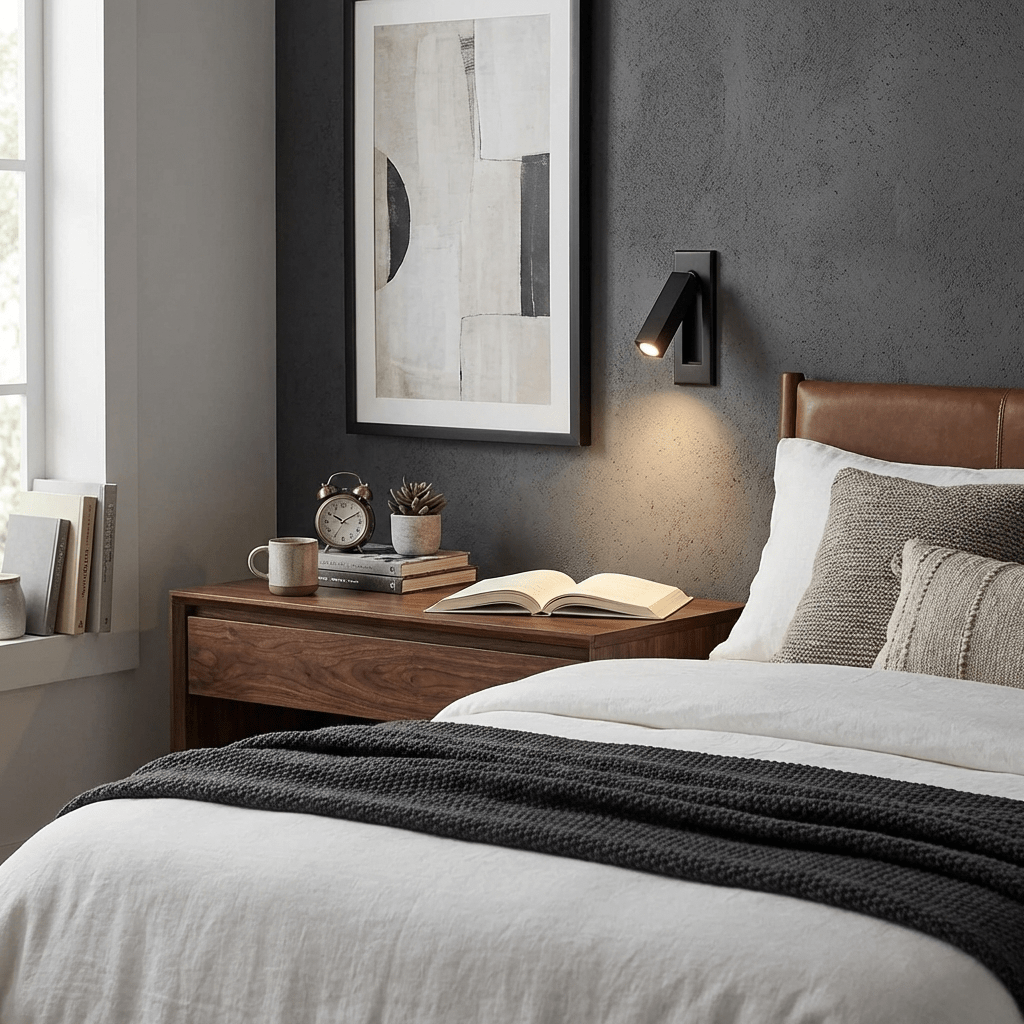 Recessed folding bedside wall sconce black Moktan Sabai with warm LED flush reading light on Tampa Home & Garden Store