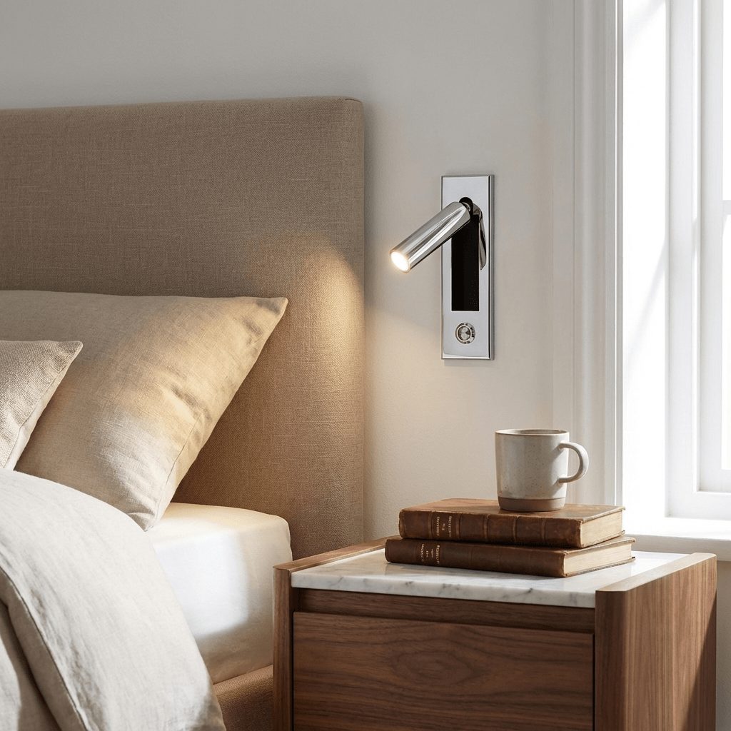 Recessed folding bedside wall sconce with warm LED, chrome finish mounted beside headboard on Tampa Home & Garden Store