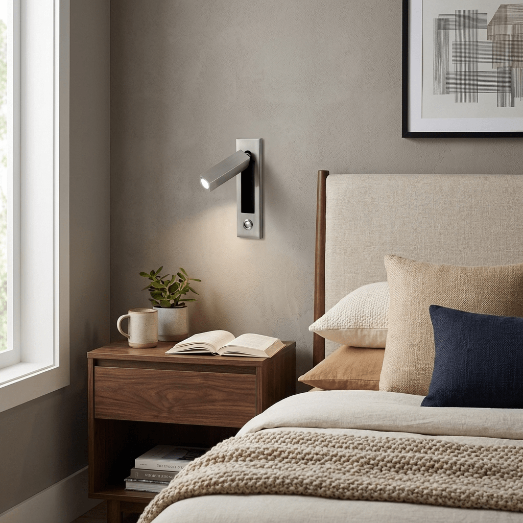 Recessed folding bedside wall sconce with warm LED Moktan Sabai brushed metal finish on Tampa Home & Garden Store