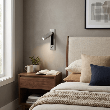 Recessed folding bedside wall sconce with warm LED Moktan Sabai brushed metal finish on Tampa Home & Garden Store