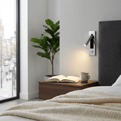 Recessed folding bedside wall sconce by Moktan Sabai, chrome finish with warm LED reading light on Tampa Home & Garden Store